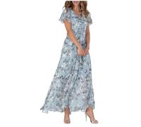 FZKun Damen Chiffon Blumen Maxikleid - Sommer Elegant Boho Lang Fließendes Kleid Volantärmel V-Ausschnitt Urlaub Strand Outfit Hochzeitsgast Verlobung Cocktailparty (XL,Grau Blau)