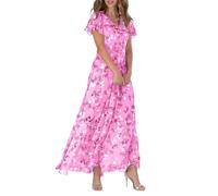 FZKun Damen Chiffon Blumen Maxikleid - Sommer Elegant Boho Lang Fließendes Kleid Volantärmel V-Ausschnitt Urlaub Strand Outfit Hochzeitsgast Verlobung Cocktailparty (L,Rosa)