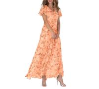 FZKun Damen Chiffon Blumen Maxikleid - Sommer Elegant Boho Lang Fließendes Kleid Volantärmel V-Ausschnitt Urlaub Strand Outfit Hochzeitsgast Verlobung Cocktailparty (XXL,Orange)