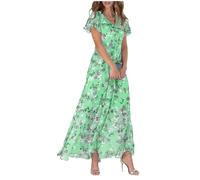 FZKun Damen Chiffon Blumen Maxikleid - Sommer Elegant Boho Lang Fließendes Kleid Volantärmel V-Ausschnitt Urlaub Strand Outfit Hochzeitsgast Verlobung Cocktailparty (3XL,Grün)