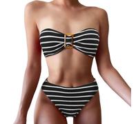 FZKun Damen Gestreift Strukturiert Bandeau Bikini Set Trägerlos Split Badeanzug Push Up Bademode Sommer Beachwear, # 1, 46