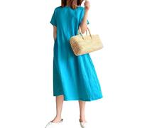 FZKun Damen Japanischer Stil Leinen Baumwolle Kleid - Übergröße Einfarbig Rundhalsausschnitt Lange Ärmel Lässiges Sommerkleid Mit Taschen Lockerer Pullover Basic Midi Kleider (4XL,Blau)