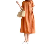 FZKun Damen Japanischer Stil Leinen Baumwolle Kleid - Übergröße Einfarbig Rundhalsausschnitt Lange Ärmel Lässiges Sommerkleid Mit Taschen Lockerer Pullover Basic Midi Kleider (4XL,Orange)