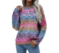 FZKun Damen Regenbogen-Strickpullover Y2k Strickpullover Damenpullover Pullover Farbblock-Pullover Strickoberteil Ccoop-Ausschnitt Langarmpullover Frauen Strickwaren, violett, 36
