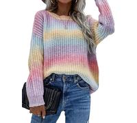 FZKun Damen Regenbogen-Strickpullover Y2k Strickpullover Damenpullover Pullover Farbblock-Pullover Strickoberteil Ccoop-Ausschnitt Langarmpullover Frauen Strickwaren, regenbogenfarben, 38