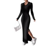 FZKun Damen Strickkleid, figurbetontes langes Kleid, elegant, lange Ärmel, Reverskragen, Split-Pulloverkleid, Herbst, Winter, Ausgehen, Streetwear, A-schwarz, XL
