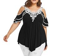 FZKun Damen Übergröße Tunika Top - Spitzenapplikationen V-Ausschnitt Kurzarm Kalte Schulter Asymmetrisches T-Shirt Swing Plissé Bluse Locker Sitzende Elegante Oberteile (8XL,Schwarz)