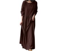 FZKun Damen Übergroßes Leinen Maxikleid - Sommer Casual Boho Langarm Rundhalsausschnitt Solide Lockerer Sitz Strand Hawaiikleider Trendiges Country Konzert Y2K (XL,Braun)