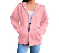 FZKun Hoodies für Damen, Damenjacken, einfarbig, Kapuzen-Sweatshirts, Kordelzug, Hoody Tops, lässig, einfarbig, Pullover mit Taschen, leicht, durchgehender Reißverschluss, Oberbekleidung, rose, 48