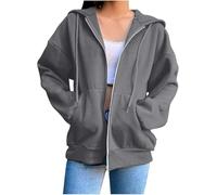 FZKun Hoodies für Damen, Damenjacken, einfarbig, Kapuzen-Sweatshirts, Kordelzug, Hoody Tops, lässig, einfarbig, Pullover mit Taschen, leicht, durchgehender Reißverschluss, Oberbekleidung, dunkelgrau,
