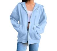 FZKun Hoodies für Damen, Damenjacken, einfarbig, Kapuzen-Sweatshirts, Kordelzug, Hoody Tops, lässig, einfarbig, Pullover mit Taschen, leicht, durchgehender Reißverschluss, Oberbekleidung, hellblau, 42