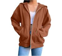 FZKun Hoodies für Damen, Damenjacken, einfarbig, Kapuzen-Sweatshirts, Kordelzug, Hoody Tops, lässig, einfarbig, Pullover mit Taschen, leicht, durchgehender Reißverschluss, Oberbekleidung, coffee, 36
