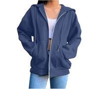 FZKun Hoodies für Damen, Damenjacken, einfarbig, Kapuzen-Sweatshirts, Kordelzug, Hoody Tops, lässig, einfarbig, Pullover mit Taschen, leicht, durchgehender Reißverschluss, Oberbekleidung, navy, 48
