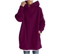 FZKun Hoodies für Damen, übergroße Damenpullover, einfarbig, mit Reißverschluss, Kordelzug, Kapuzenpullover mit Taschen, langärmelig, Tops, lässig, lange Sweatshirts, lockerer Mantel, #15 Hot Pink, 54
