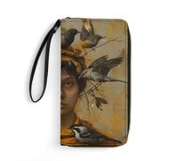 FZQVSWTX Damen-Geldbörse aus Leder, Motiv: Hirsch und Kaktus, großes Fassungsvermögen, Clutch, Kreditkartenetui, Vogel auf dem Kopf, 19.7x10.5cm