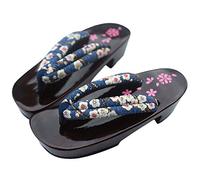 G-LIKE Damen Sandalen Pantoffel Sommerschuhe - Traditionelle Japanische Holzschuhe Geta Kimono Kirschblüte Sakura Musterdruck rutschfest Poliert Flip-Flops Cosplay Clogs (34-35 EU, Blau Sakura)