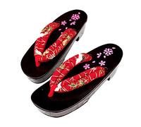 G-LIKE Damen Sandalen Pantoffel Sommerschuhe - Traditionelle Japanische Holzschuhe Geta Kimono Kirschblüte Sakura Musterdruck rutschfest Poliert Flip-Flops Cosplay Clogs (36-37 EU, Rot Kran)