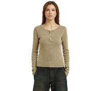 Langarmshirt G-STAR "Vintage Slim Henley t ls wmn", Damen, Gr. L, fossil gd, Rippware, Obermaterial: 98% Baumwolle, 2% Elasthan, washed, slim fit hüftlang, Rundhals, abgesteppte Kante, Shirts Langarms