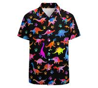 GADZILLE Herren-Dinosaurier-Shirt, Neon-Dinosaurier, Geburtstagsshirt, lustiges Dino-Button-Down-Hawaii-Hemd f?r M?nner, Regenbogen, XXXL
