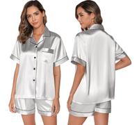 GAESHOW Damen Schlafanzug Set, Satin Pyjamas Damen mit Knopfleiste, Kurzarm und Shorts Zweiteiliger, V-Ausschnitt Seide Hausanzug, Loungewear für Vier Jahreszeiten, S-XXL