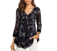Gaharu Damen Blusen, Damenblusen 3/4 Arm Festlich Blusen Damen Elegant Abend Curvy Mode Damen Oberteile Frühling Party Business Bluse Feminine Doppellagige Blusen Edel Fashion Freizeitbluse Blumen