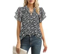 Gaharu Schwarze Bluse Damen Sommer Kurzarm:Festliche Tunika Damen Elegant - Frauen V-Ausschnitt Wunderschön Abend Shirt - Frauen Tunika Zum Ausgehen Business Arbeit Rüschen Oberteile Schwarz M