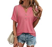 Gaharu T-Shirts für Damen Kurzarm: Sommer Top V-Ausschnitt Damen Lässig - Basic Shirt Damen Tunika Elegant - Sommerblusen Damen Leicht und Luftig Langarm Rosenrosa, XL