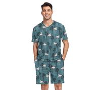 GAIREG Pink Ice Cream Herren Pyjama Set Kurzarm V-Ausschnitt 2 Stück Nachtwäsche mit Taschen S-XXL, Summer Flamingo Birds Green, X-Large