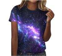 Galaxy Shirt Damen 3D Galaxie Bedrucken T-Shirt Modische Sternenhimmel Sommershirts Rundhals Kurze Ärmel Tshirt Klassisch Bluse Passform Oberteile Dünne Sportshirt Sommer Basic Tops Blitzangebote