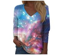 Galaxy Shirts Damen V-Ausschnitt Langarm 3D Galaxie Bedrucken Bluse Galaxie Universum Stern Weltraum Grafik Galaxy Tee Modische Sternenhimmel Sommer Tshirts Oberteile Tops