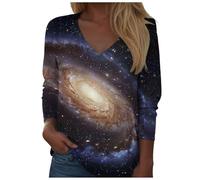 Galaxy Shirts Damen V-Ausschnitt Langarm 3D Galaxie Bedrucken Bluse Galaxie Universum Stern Weltraum Grafik Galaxy Tee Modische Sternenhimmel Sommer Tshirts Oberteile Tops