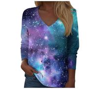 Galaxy Shirts Damen V-Ausschnitt Langarm 3D Galaxie Bedrucken Bluse Galaxie Universum Stern Weltraum Grafik Galaxy Tee Modische Sternenhimmel Sommer Tshirts Oberteile Tops