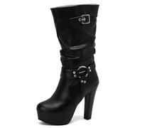 Galindopia Black Plateau Slouch Stiefel Mid Calf für Damen Block Heels Wide Calf Schnalle Gotisch Punk Knight Biker Half Botines de Mujer Size 36
