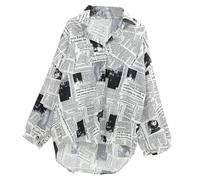 GALPADA Damen Zeitung Druck Bluse, Einreihig Langarmshirt Mit Revers, Polyester, Schwarz, GrößE L, FüR Alltag, BüRo, Party