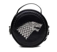 Game of Thrones Umhängetasche aus veganem Leder, rund, mit verstellbaren Trägern, House of Stark Sigil geprägt und filigran, Schwarz, Schwarz, 8.0" x 8.0"