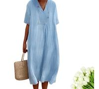 GAMIRA Lockeres, kurzärmliges, einfarbiges Kleid mit V-Ausschnitt, Sommerkleider aus Baumwolle Leinen, Bauchfett für Frauen verstecken