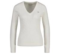 GANT Damen Cable-Strickpullover - STRETCH COTTON CABLE V-NECK, Zopfstrick Ecru XL