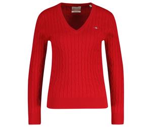 GANT Damen Cable-Strickpullover - STRETCH COTTON CABLE V-NECK, Zopfstrick Hellrot / L L Rot