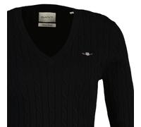 GANT Damen Cable-Strickpullover - STRETCH COTTON CABLE V-NECK, Zopfstrick Schwarz L