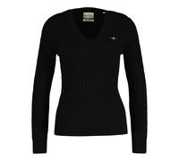 Strickpullover GANT "STRETCH COTTON CABLE V-NECK", Damen, Gr. S, schwarz, Strick, Obermaterial: 88% Baumwolle, 10% Polyamid, 2% Elasthan, schmal hüftlang, V-Ausschnitt, Rippstrickbündchen, Pullover St