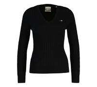 GANT Damen Cable-Strickpullover - STRETCH COTTON CABLE V-NECK, Zopfstrick Schwarz XL