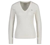 GANT Damen Cable-Strickpullover - STRETCH COTTON CABLE V-NECK, Zopfstrick XL Weiß