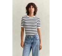 Kurzarmpullover GANT "STRETCH COTTON CABLE STRIPE SS", Damen, Gr. M, eggshell, Strick, Obermaterial: 88% Baumwolle, 10% Polyamid, 2% Elasthan, slim fit normal, Rundhals, Pullover, Gestreifter Zopfstri