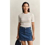 Kurzarmpullover GANT "STRETCH COTTON CABLE STRIPE SS", Damen, Gr. XL, oat beige, Strick, Obermaterial: 88% Baumwolle, 10% Polyamid, 2% Elasthan, slim fit normal, Rundhals, Pullover, Gestreifter Zopfst