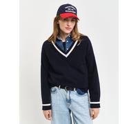GANT Damen Superfine Lambswool V-Neck Pullover mit Kontrast (M) EVENING Blau