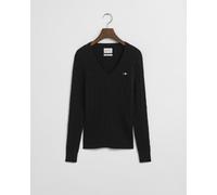 GANT Damen Cable-Strickpullover - STRETCH COTTON CABLE V-NECK, Zopfstrick Schwarz L