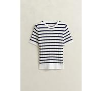 Kurzarmpullover GANT "STRETCH COTTON CABLE STRIPE SS", Damen, Gr. L, eggshell, Strick, Obermaterial: 88% Baumwolle, 10% Polyamid, 2% Elasthan, slim fit normal, Rundhals, Pullover, Gestreifter Zopfstri