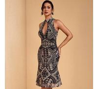 Ganzflächig bedrucktes Mesh-Kleid mit Stehkragen, Ausschnitt, ärmellos und Meerjungfrauensaum, Boho-Lässig für Damen in Midi-Länge