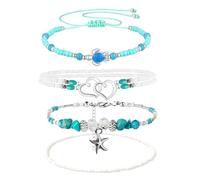 Gaodercha 4 Stück Strand-Fußkettchen-Set Boho-Schildkröten-Fußkettchen Boho-Türkis-Fußkettchens Handgefertigtes Fußkettchens mit Reisperlen Fußkettchenss Sommer-Hawaii-Strandschmuck für Frauen