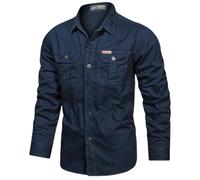 GaoLeAve Cargohemd für Herren langärmlig legere Baumwollhemden Militärhemd Überhemd Schwarze Blusen Dark Blue XXL